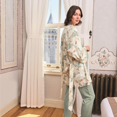 Arias Closet Çiçek Ve Yaprak Desenli Dantelli Hamile Lohusa 3'Lü Pijama Takımı