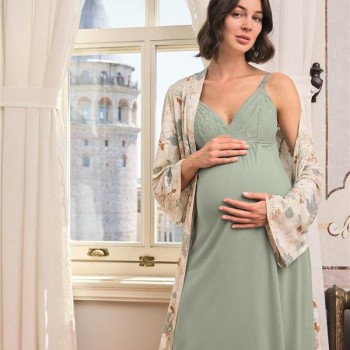 Arias Closet Çiçek Ve Yaprak Desenli Dantelli Hamile Lohusa Sabahlık Takımı