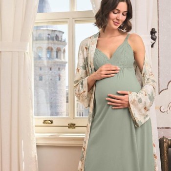 Arias Closet Çiçek Ve Yaprak Desenli Dantelli Hamile Lohusa Sabahlık Takımı