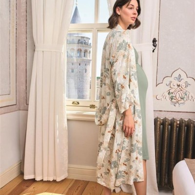 Arias Closet Çiçek Ve Yaprak Desenli Dantelli Hamile Lohusa Sabahlık Takımı
