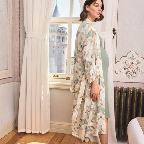 Arias Closet Çiçek Ve Yaprak Desenli Dantelli Hamile Lohusa Sabahlık Takımı