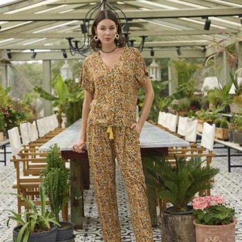 Arias Closet Çiçek Ve Yaprak Desenli Önü Düğmeli Alt Üst Takım