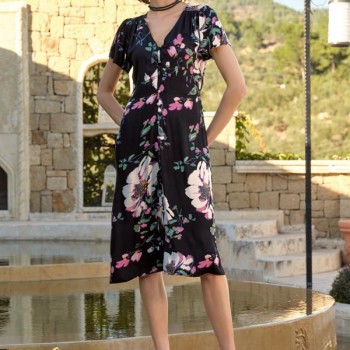 Arias Closet Çiçek Ve Yaprak Desenli Önü Düğmeli Elbise