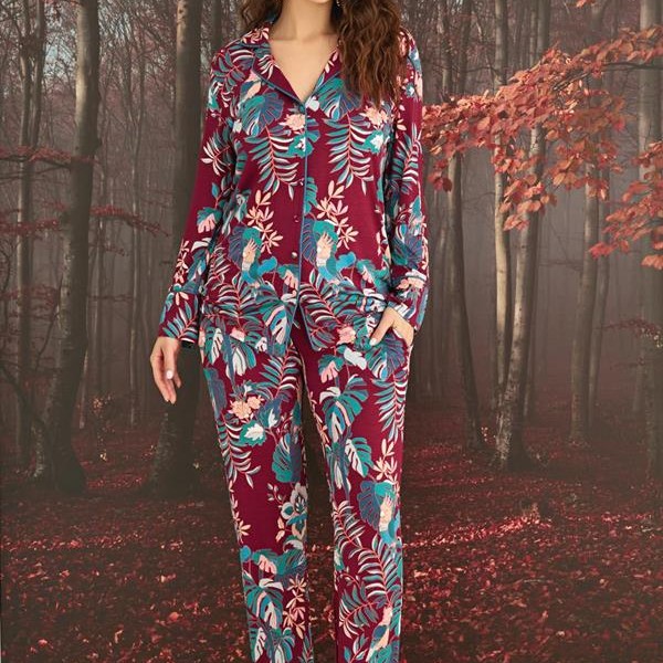 Arias Closet Çiçek Ve Yaprak Desenli Önü Düğmeli Pijama Takımı