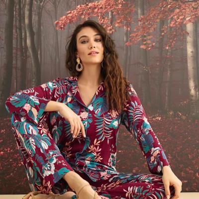 Arias Closet Çiçek Ve Yaprak Desenli Önü Düğmeli Pijama Takımı
