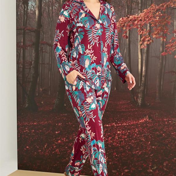 Arias Closet Çiçek Ve Yaprak Desenli Önü Düğmeli Pijama Takımı