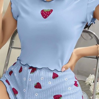 Arias Closet Çilek Desenli Mavi Seksi Pijama Takım