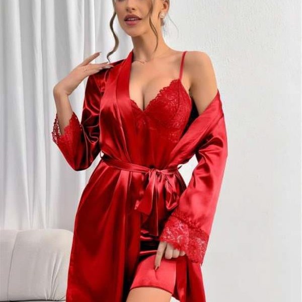 Arias Closet Dantel İşlemeli İnce Askılı Kırmızı Saten 2'Li Gecelik Sabahlık Takımı