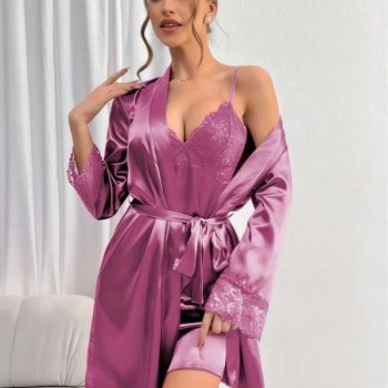 Arias Closet Dantel İşlemeli İnce Askılı Lila 2'Li Saten Gecelik Sabahlık Takımı