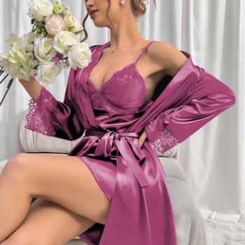 Arias Closet Dantel İşlemeli İnce Askılı Lila 2'Li Saten Gecelik Sabahlık Takımı