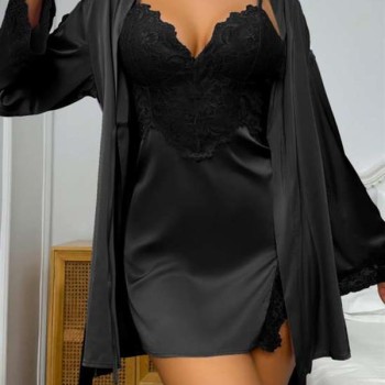 Arias Closet Dantel İşlemeli İnce Askılı Siyah 2'Li Saten Gecelik Sabahlık Takımı