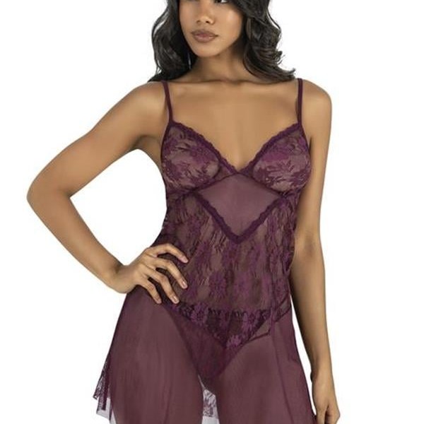 Arias Closet Dantel İşlemeli Mürdüm Kısa Tül Gecelik