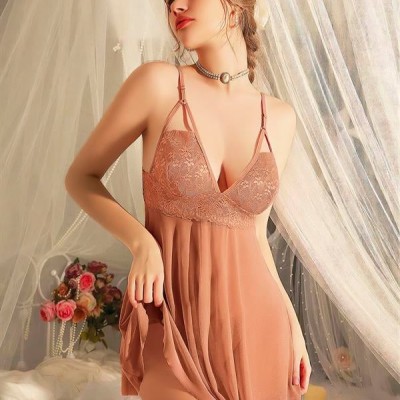 Arias Closet Dantel İşlemeli Tül Transparan Kahverengi Fantezi Gecelik