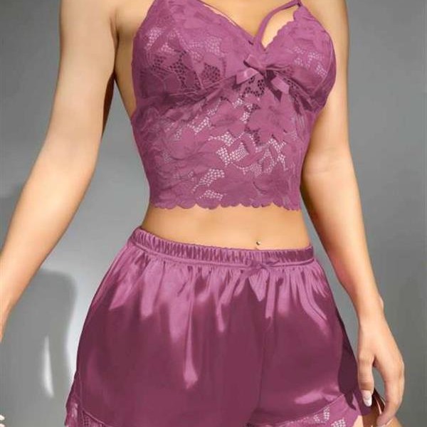 Arias Closet Dantelli Büstiyer İnce Askılı Lila Saten Şortlu Takım