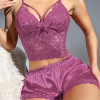 Arias Closet Dantelli Büstiyer İnce Askılı Lila Saten Şortlu Takım