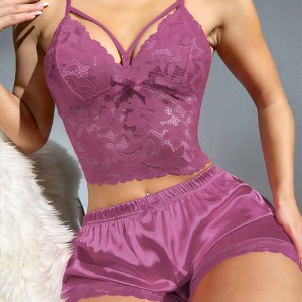 Arias Closet Dantelli Büstiyer İnce Askılı Lila Saten Şortlu Takım