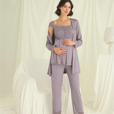 Arias Closet Dantelli Önü Düğmeli Hamile Lohusa 3'Lü Pijama Takımı