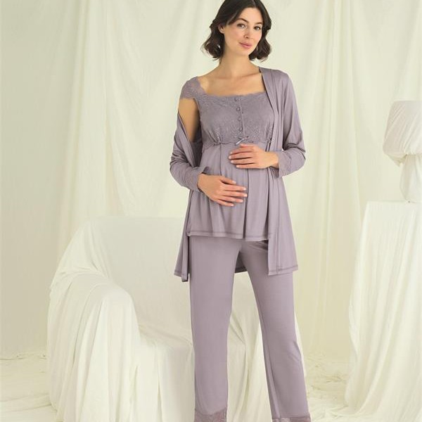 Arias Closet Dantelli Önü Düğmeli Hamile Lohusa 3'Lü Pijama Takımı