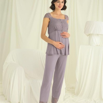 Arias Closet Dantelli Önü Düğmeli Hamile Lohusa 3'Lü Pijama Takımı