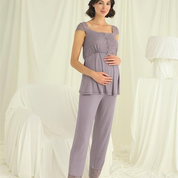 Arias Closet Dantelli Önü Düğmeli Hamile Lohusa 3'Lü Pijama Takımı