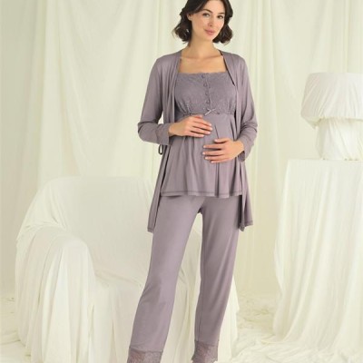 Arias Closet Dantelli Önü Düğmeli Hamile Lohusa 3'Lü Pijama Takımı