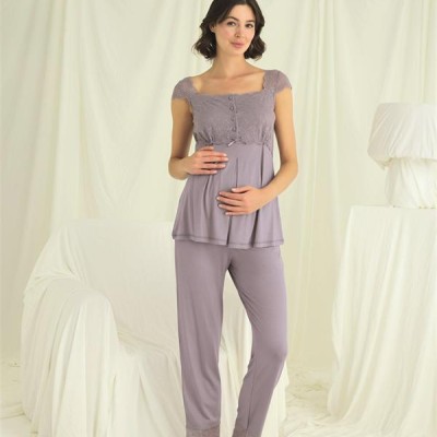 Arias Closet Dantelli Önü Düğmeli Hamile Lohusa 3'Lü Pijama Takımı