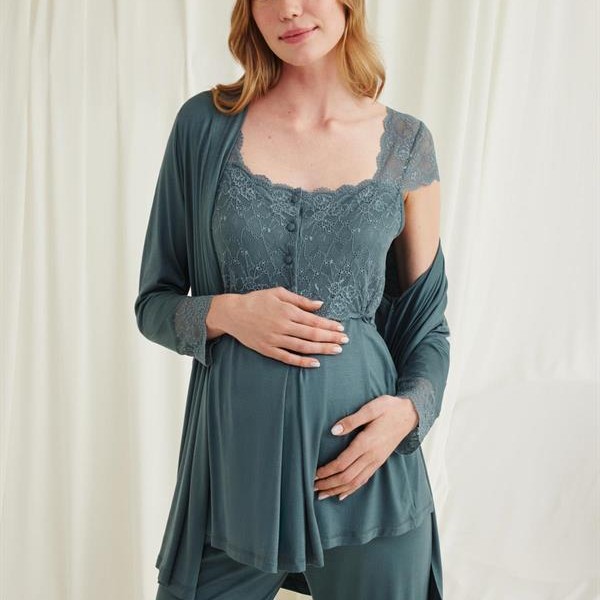 Arias Closet Dantelli Önü Düğmeli Hamile Lohusa 3'Lü Viskon Pijama Takımı