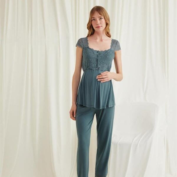 Arias Closet Dantelli Önü Düğmeli Hamile Lohusa 3'Lü Viskon Pijama Takımı