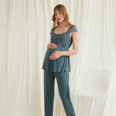 Arias Closet Dantelli Önü Düğmeli Hamile Lohusa 3'Lü Viskon Pijama Takımı