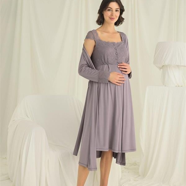 Arias Closet Dantelli Önü Düğmeli Hamile Lohusa Sabahlık Takımı