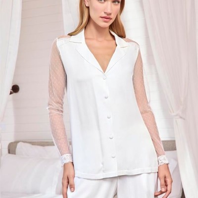 Arias Closet Dantelli Ve Tüllü Uzun Kollu Önü Düğmeli Saten Pijama Takımı