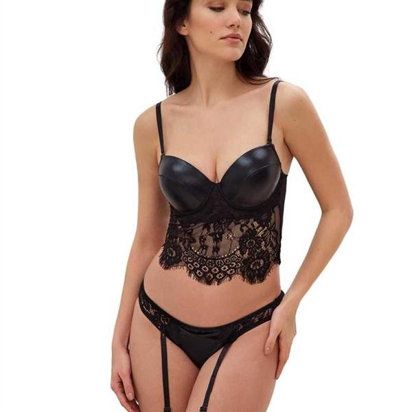 Arias Closet Deri Görünümlü Balenli Destekli Dolgulu Askıları Çıkabilen Dantelli Büstiyer Sütyen Jartiyerli String Ve Çorap 3'Lü Takım