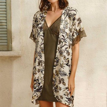 Arias Closet Dokuma Viskon Çiçek Baskılı Sabahlık Ve Dantelli Kısa Gecelik Takımı