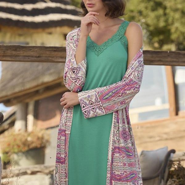 Arias Closet Etnik Deseni Ve Dantelli Sabahlık Takımı