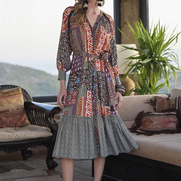 Arias Closet Etnik Desenli Kuşaklı Elbise