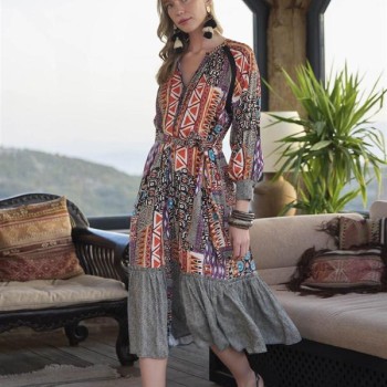 Arias Closet Etnik Desenli Kuşaklı Elbise