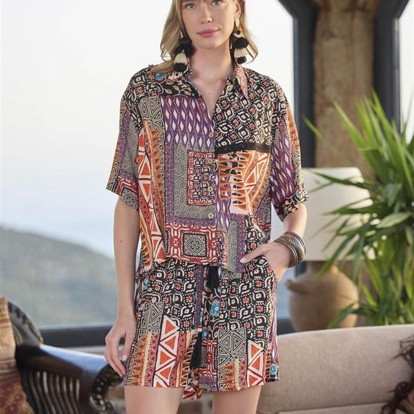 Arias Closet Etnik Desenli Önü Düğmeli Alt Üst Takım