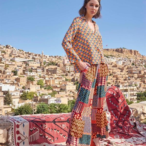 Arias Closet Etnik Desenli Saten Alt Üst Takım