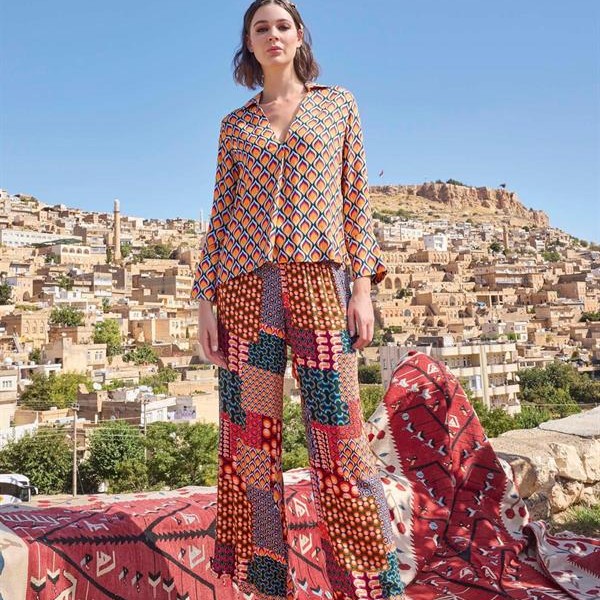 Arias Closet Etnik Desenli Saten Alt Üst Takım