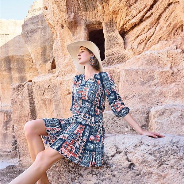 Arias Closet Etnik Desenli Truvakar Kollu V Yaka Elbise