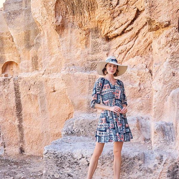 Arias Closet Etnik Desenli Truvakar Kollu V Yaka Elbise