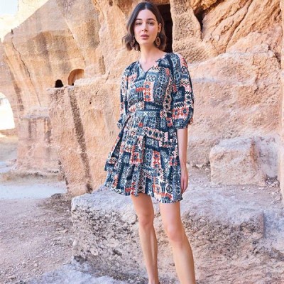 Arias Closet Etnik Desenli Truvakar Kollu V Yaka Elbise