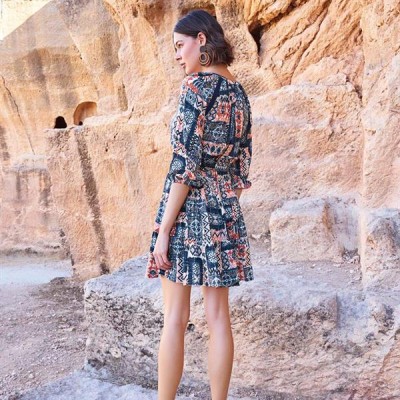 Arias Closet Etnik Desenli Truvakar Kollu V Yaka Elbise