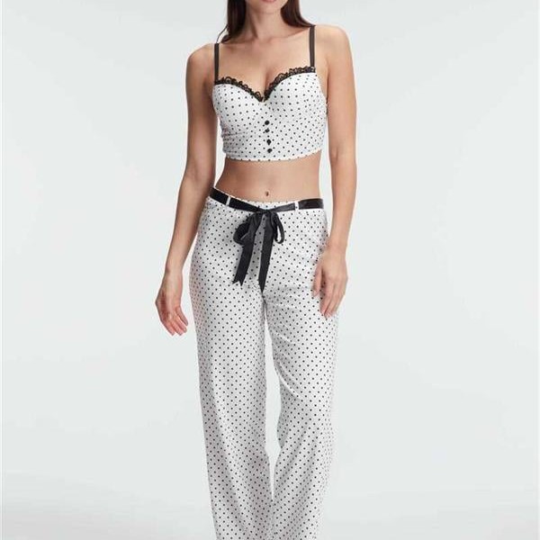 Arias Closet Fantezi Bralet Sütyen Pamuklu Puantiye Desenli Desteksiz Dantel Detaylı Pijama Takımı