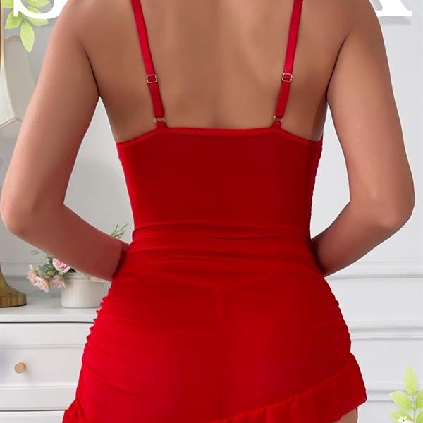 Arias Closet Fırfırlı Dantel İşlemeli Tül Fantezi Kırmızı Gecelik