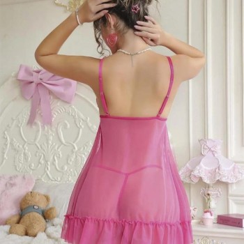 Arias Closet Fuşya Dantel İşlemeli Göğüs Dekolteli Fiyonklu Fantezi String Tül Gecelik Takımı