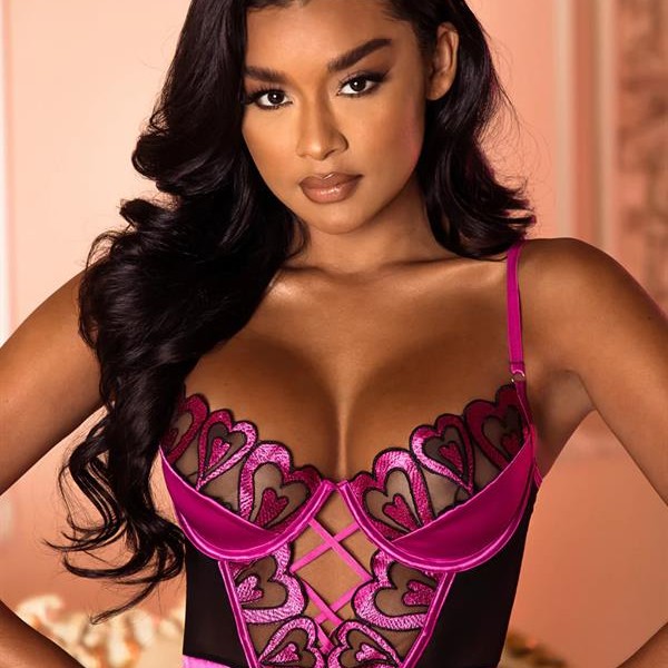 Arias Closet Fuşya Dantel İşlemeli Kalp Desenli Fantezi Gecelik Body Takımı