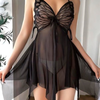 Arias Closet Göğüs Kelebek Detaylı Fantezi Tül Siyah Gecelik