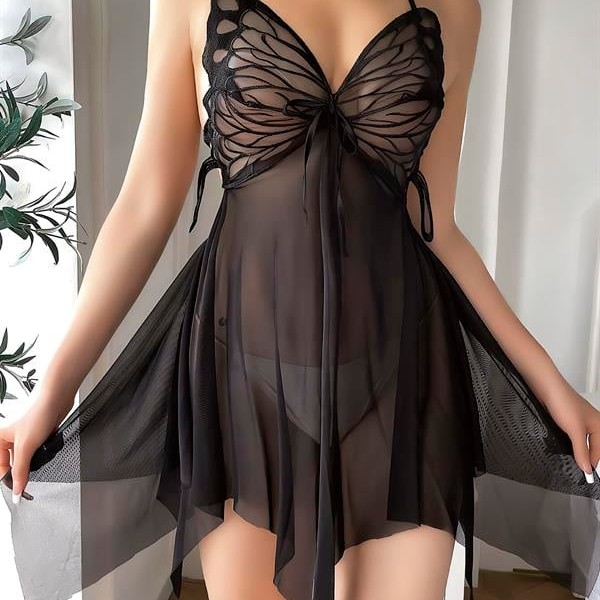 Arias Closet Göğüs Kelebek Detaylı Fantezi Tül Siyah Gecelik