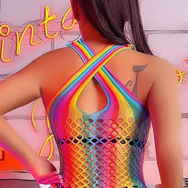 Arias Closet Gökkuşağı Desenli Fileli Fantezi Vücut Çorabı